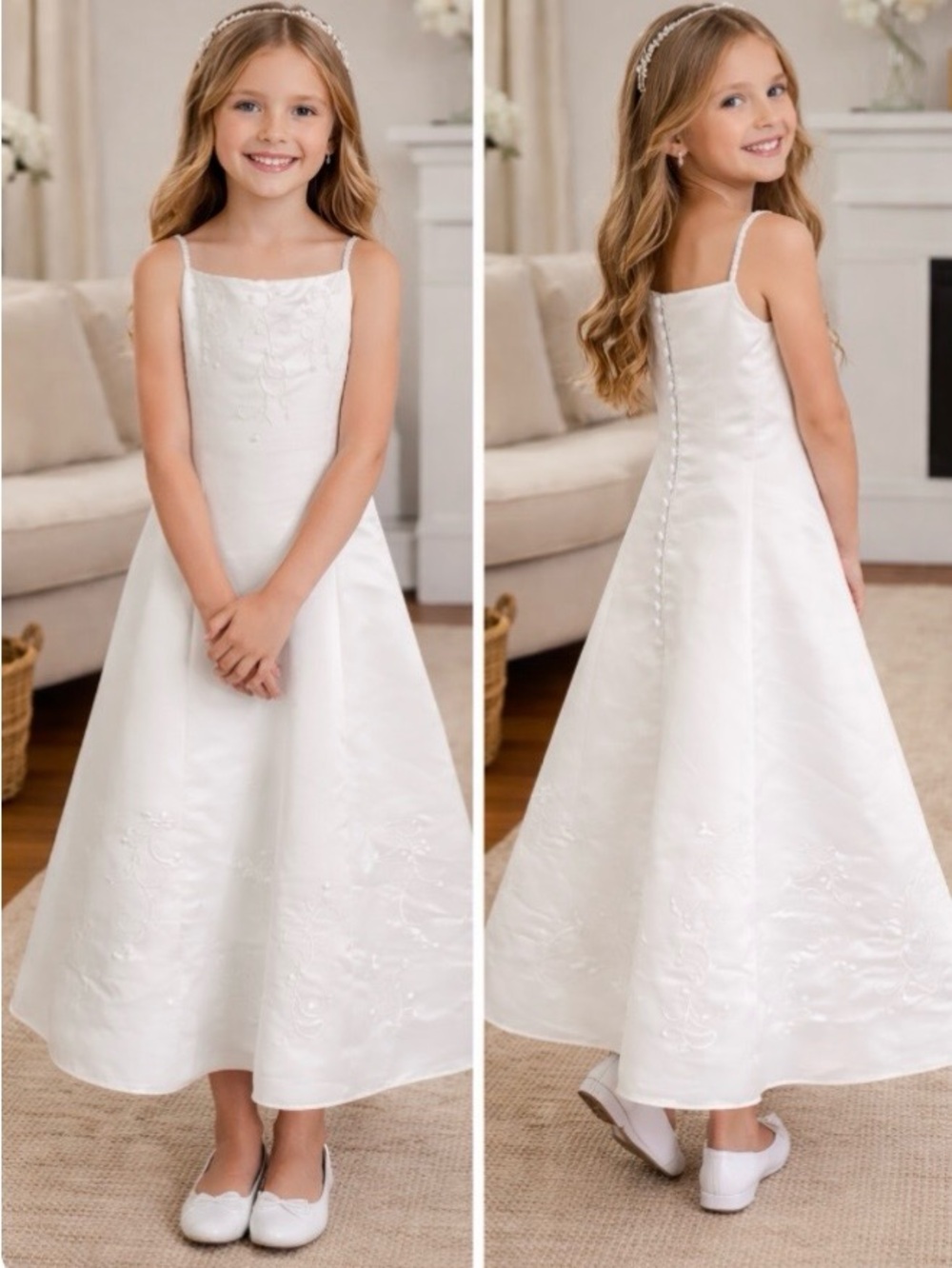 Cinderella Girls White Satin Flower Girl Dress Sz 8.5 Embroidered Party Wedding